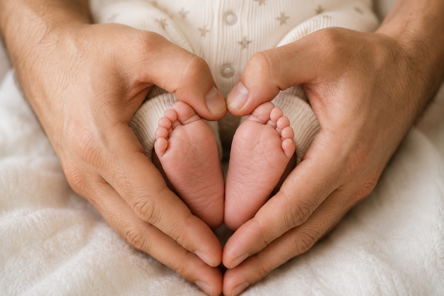Vaterhände formen ein Herz um die Füße eines Babys